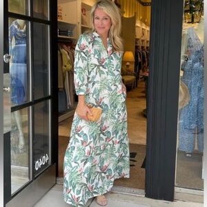 J McLaughlin Cunningham palm print tiered maxi shift dress Small